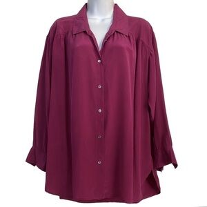 Burgundy Silk Oversized Button-front Blouse Top Medium Flowy Relaxed Oversized